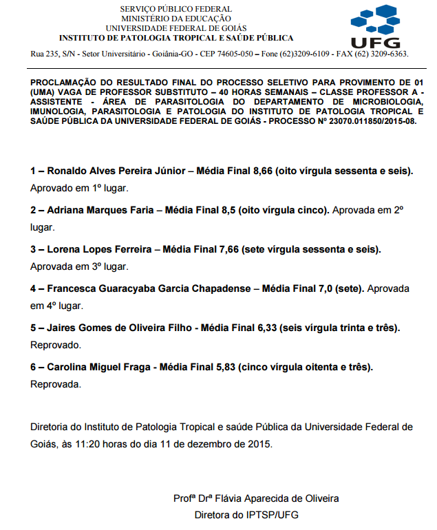 Resultados processo seletivo parasitologia
