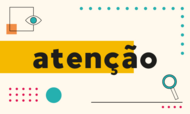 O banner apresenta a palavra "atenção" escrita em letras pretas minúsculas, com o início em destaque sobre uma faixa amarela. O fundo bege claro é decorado com elementos gráficos simples, como pontos coloridos, uma lupa, um olho estilizado e formas geométricas. O design utiliza um estilo moderno e minimalista para sinalizar um aviso ou comunicado importante de maneira visualmente atraente.