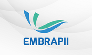 A imagem apresenta o logotipo da EMBRAPII centralizado sobre um fundo branco com suaves ondas cinzas. O símbolo é composto por três faixas fluidas e curvadas nas cores azul e verde, que sugerem movimento e inovação. Abaixo do ícone, o nome da organização está escrito em letras maiúsculas com uma fonte robusta na cor azul.