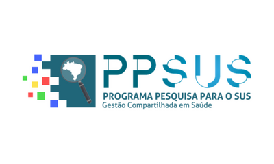 A imagem apresenta o logotipo do "PPSUS - PROGRAMA PESQUISA PARA O SUS", com o subtítulo "Gestão Compartilhada em Saúde" em letras azuis. À esquerda, um ícone quadrado composto por pixels coloridos contém uma lupa que amplia o mapa do Brasil. O design utiliza tons de azul e verde sobre um fundo branco, transmitindo uma identidade visual institucional e profissional.