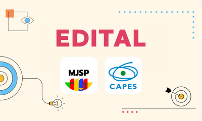 Banner digital em fundo bege claro com a palavra EDITAL em destaque central na cor rosa. Abaixo, constam as logomarcas do Ministério da Justiça e Segurança Pública (MJSP) e da CAPES. Elementos gráficos como ícones de olho, lâmpada e alvos com flechas decoram as laterais e as bordas da imagem.