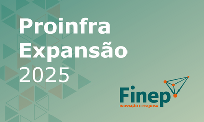 A imagem exibe um banner digital com fundo em gradiente verde-azulado e formas geométricas triangulares sutis à esquerda. O texto "Proinfra Expansão 2025" destaca-se em letras brancas grandes na parte central. No canto inferior direito, visualiza-se a logomarca da Finep, acompanhada da frase "Inovação e Pesquisa" e de um ícone gráfico estilizado.