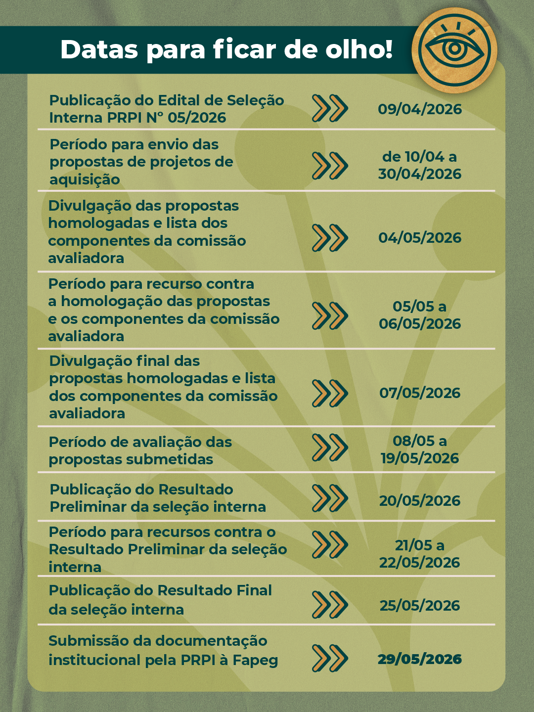 A imagem apresenta um cronograma intitulado "Datas para ficar de olho!", listando dez etapas de um processo de seleção da PRPI e Fapeg em 2026. As informações são organizadas em uma tabela com fundo verde claro, utilizando setas amarelas duplas para indicar os prazos, que ocorrem entre abril e maio. No canto superior direito, há um ícone circular amarelo com o desenho de um olho, reforçando o caráter de alerta do informativo.