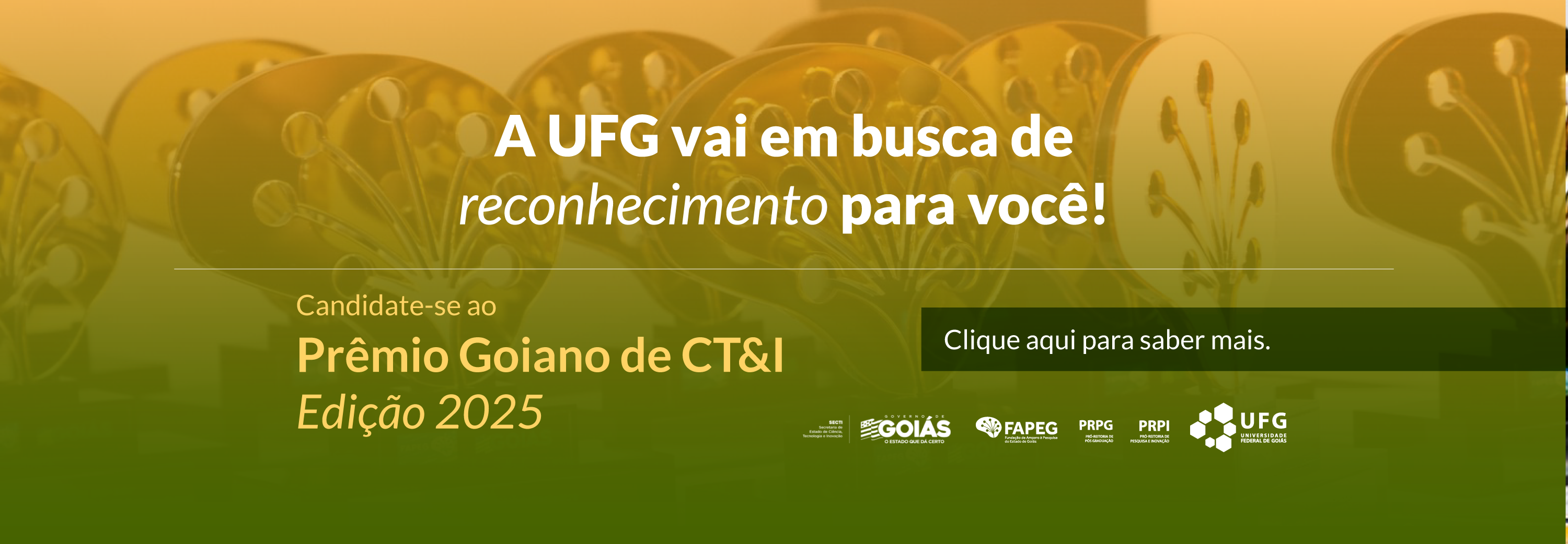 O banner exibe o convite "A UFG vai em busca de reconhecimento para você!" sobre um fundo verde com imagens de troféus dourados em formato de cérebro. O texto incentiva a candidatura ao "Prêmio Goiano de CT&I Edição 2025" e inclui um botão para mais informações. Na parte inferior, estão dispostas as logomarcas do Governo de Goiás, FAPEG, PRPG, PRPI e UFG.