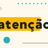 O banner apresenta a palavra "atenção" escrita em letras pretas minúsculas, com o início em destaque sobre uma faixa amarela. O fundo bege claro é decorado com elementos gráficos simples, como pontos coloridos, uma lupa, um olho estilizado e formas geométricas. O design utiliza um estilo moderno e minimalista para sinalizar um aviso ou comunicado importante de maneira visualmente atraente.