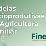 O banner apresenta o título "Cadeias Socioprodutivas da Agricultura Familiar 2026" em letras brancas sobre um fundo verde claro com degradê. No canto inferior direito, destaca-se o logotipo da Finep acompanhado da frase "Inovação e Pesquisa" e de um ícone geométrico de conexões. A arte utiliza formas triangulares sutis ao fundo para criar uma identidade visual moderna e institucional.