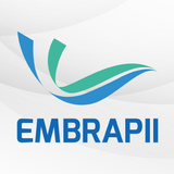 A imagem apresenta o logotipo da EMBRAPII centralizado sobre um fundo branco com suaves ondas cinzas. O símbolo é composto por três faixas fluidas e curvadas nas cores azul e verde, que sugerem movimento e inovação. Abaixo do ícone, o nome da organização está escrito em letras maiúsculas com uma fonte robusta na cor azul.