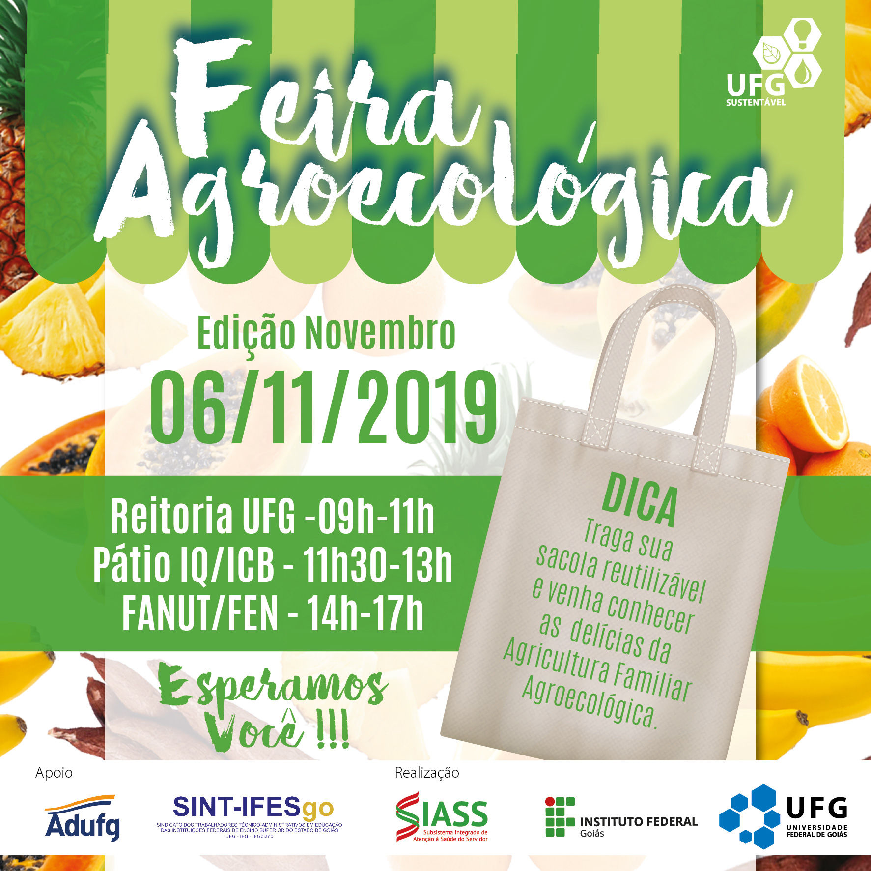 Banner de divulgação da feira agroecológica interinstitucional de novembro, que acontecerá no dia 06/11/2019, das 09h-11h na Reitoria da UFG, das 11:30 às 13h no Pátio do IQ/ICB e das 14h às 17h na FANUT/FEN.