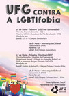 Cartaz digital com programação do evento UFG contra a LGBTIfobia com imagem com pessoas, bandeiras e coração.