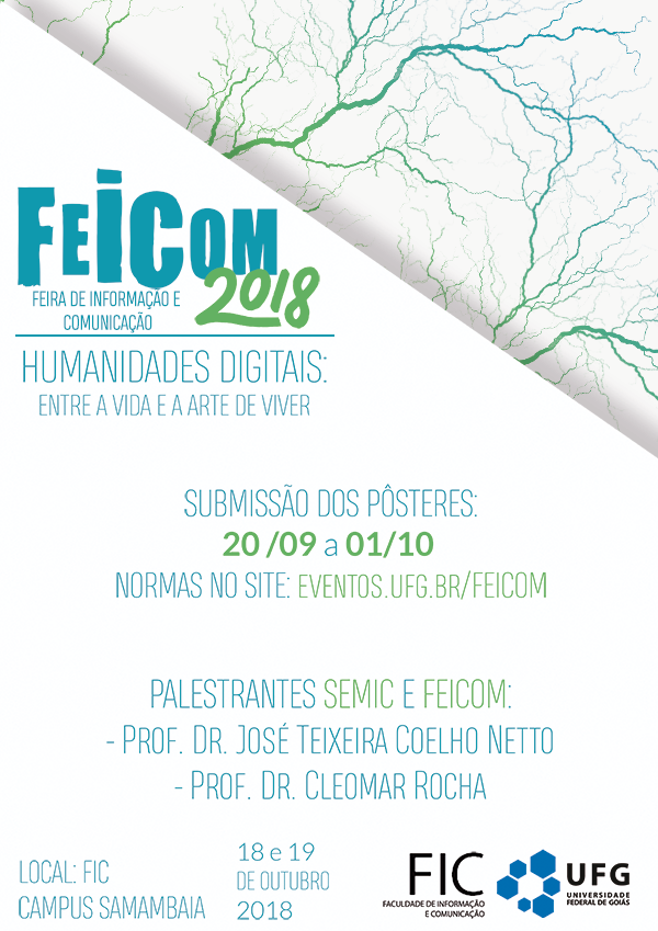 Imagem de divulgação do Feicom 2018 - Feira de Informação e Comunicação da UFG. O evento ocorrerá nos dias 18 e 19 de outubro.