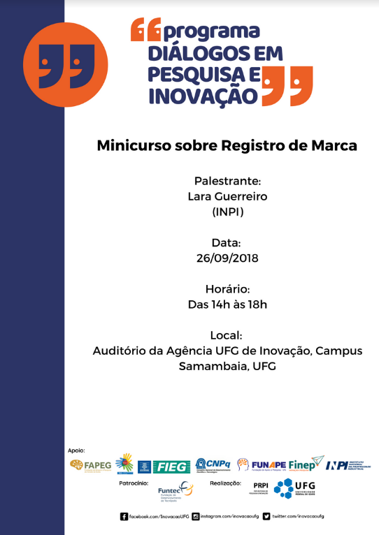 Cartaz de divulgação de minicurso de registro de marcas que ocorrerá dia 26 de setembro no campus.