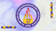 O banner apresenta o logotipo da 13ª Olimpíada de Empreendedorismo Universitário da UFG sobre um fundo abstrato em tons de lilás e branco. O emblema central é circular e roxo, contendo uma chama estilizada colorida e a identificação do evento. Elementos gráficos tridimensionais, como foguetes, lâmpadas e emojis sorridentes, decoram as extremidades da imagem, reforçando uma estética dinâmica e criativa.
