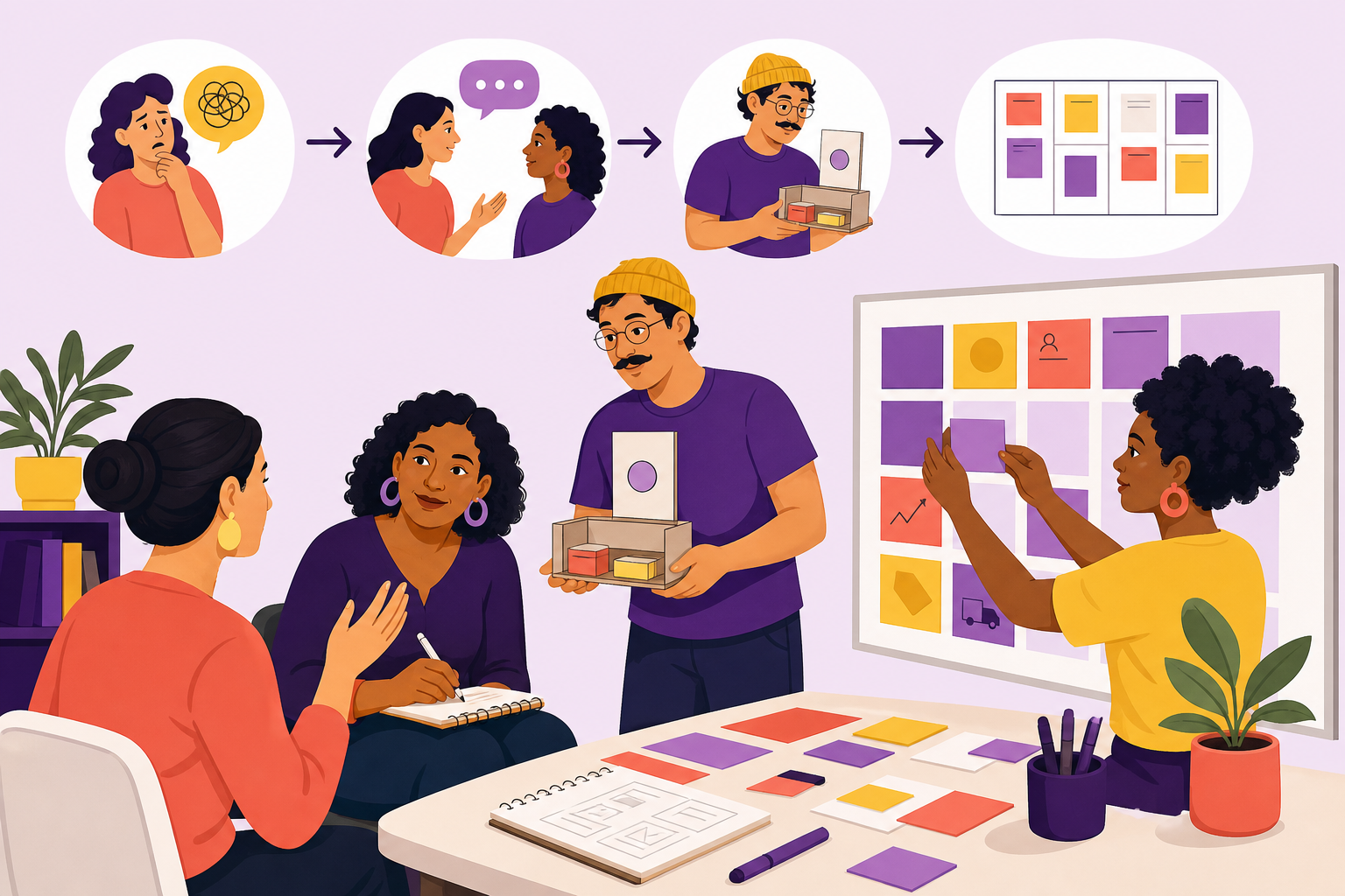 Equipe entrevista uma cliente, testa um protótipo e organiza o modelo do negócio