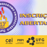 O banner digital anuncia "INSCRIÇÕES ABERTAS!" em letras amarelas com contorno roxo sobre um fundo lilás texturizado. À esquerda, encontra-se o logotipo circular da 13ª Olimpíada de Empreendedorismo Universitário da UFG, com uma chama colorida ao centro. A base da imagem é composta por uma faixa amarela horizontal que contém os logotipos das instituições realizadoras: CEI, PRPI e UFG.