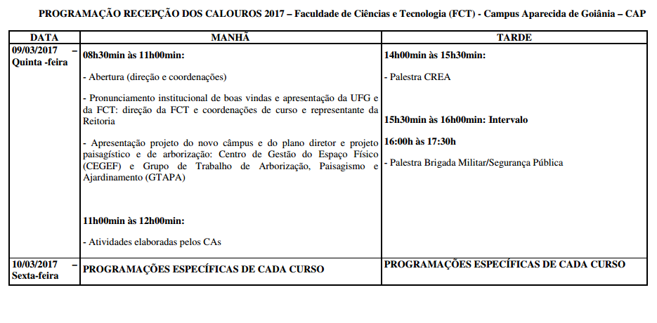 programação recepção dos calouros
