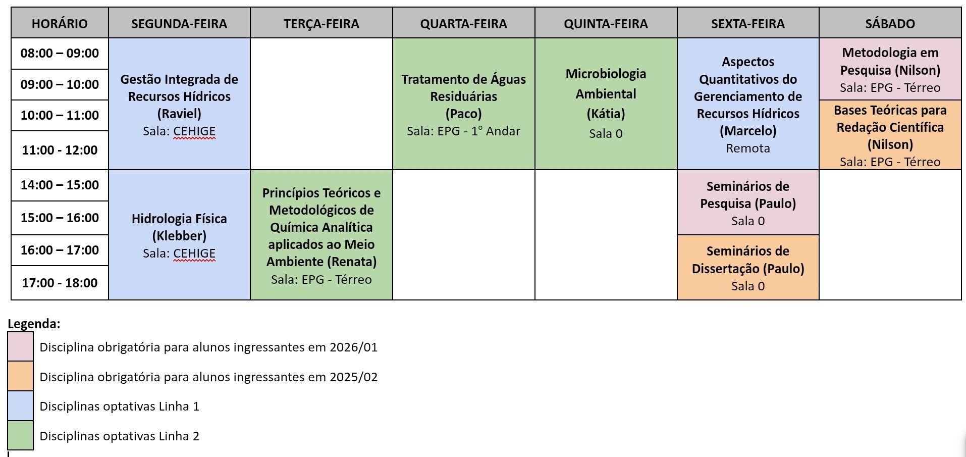[2026-01] Horário das disciplinas