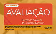 Imagem para divulgação de publicação de pesquisa em revista, com fundo laranja claro e dentro de um quadro laranja escuro, o título, dentro de um balão de conversa branco "Orgulho de ser UFG", logo abaixo, em letras maiores "AVALIAÇÃO", e abaixo, o subtítulo "Revista da Avaliação da Educação Superior". E logo abaixo, dentro de um retângulo laranja o texo "Professor do Câmpus Goiás publica artigo em revista Qualis A1 sobre ansiedade e personalidade em estudantes universitários" e ao lado direito do texto a logo do Câmpus Goiás e da UFG. Fim da descrição.