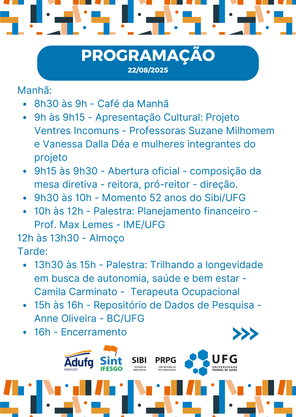 Programação do XII Encontro de Integração dos Servidores do Sibi/UFG