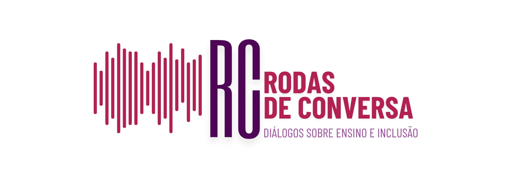Descrição Geral
A imagem é um banner digital horizontal, de formato retangular e alongado, com fundo totalmente branco. Ele apresenta a identidade visual de um evento, composta por um elemento gráfico e texto centralizados.

Elementos Visuais (da esquerda para a direita)
Onda Sonora: No lado esquerdo, há uma representação gráfica de frequências ou ondas de áudio, formada por uma sequência de linhas verticais paralelas e de alturas variadas na cor magenta (um tom de rosa-escuro).

Iniciais "RC": Logo em seguida, destacam-se as letras maiúsculas "RC" em uma fonte estilizada, alta e na cor roxo-escuro.

Título Principal: À direita das iniciais, alinhado em duas linhas, está o texto "RODAS DE CONVERSA" em letras maiúsculas, robustas e na cor magenta.

Subtítulo: Logo abaixo do título, escrito em uma fonte menor, mais fina e na cor roxa, encontra-se a frase: "DIÁLOGOS SOBRE ENSINO E INCLUSÃO".